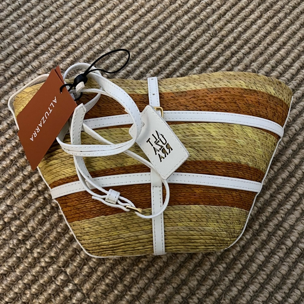 Altuzarra Striped Straw Tote with White Trim and Brown Stripes